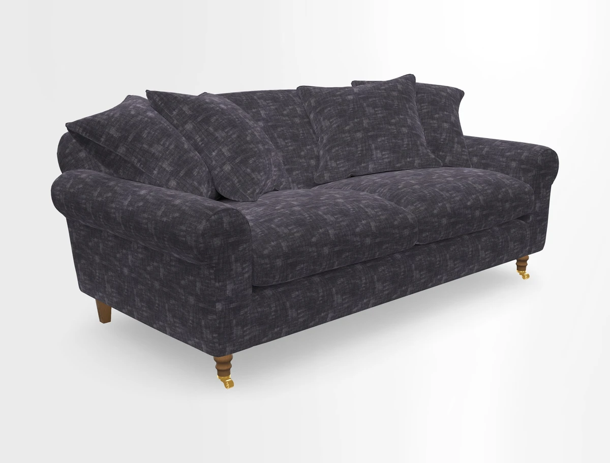 Walberswick 3 Seater Sofa in Etta's Bouquet Sunset Moss with scatters in Sussex Stripe Brick and Snape Chair in Almost Plain Velvet Spring