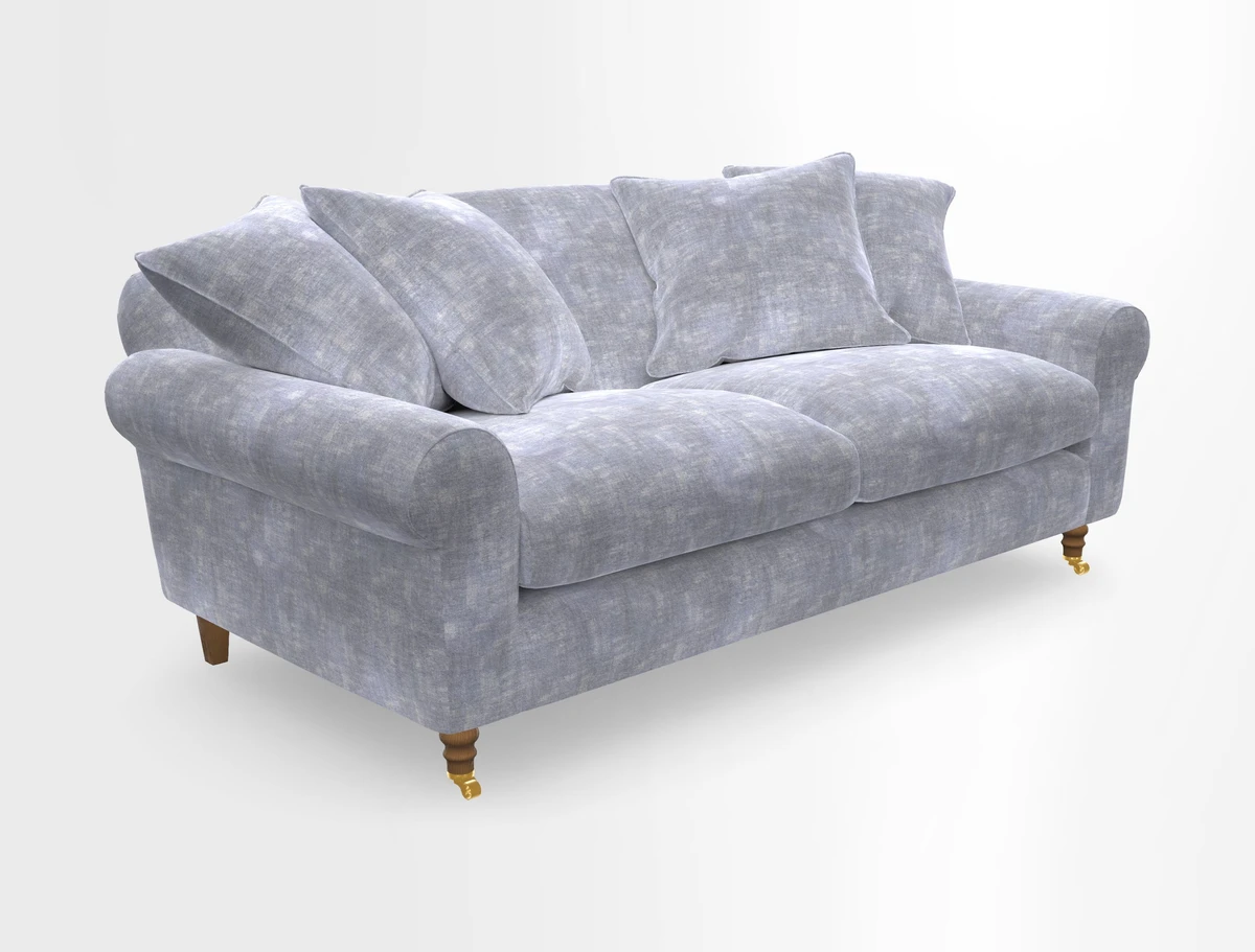 Walberswick 3 Seater Sofa in Etta's Bouquet Sunset Moss with scatters in Sussex Stripe Brick and Snape Chair in Almost Plain Velvet Spring