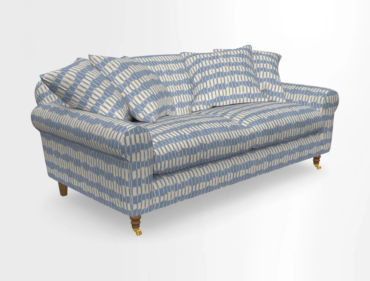 Walberswick 3 Seater Sofa in Etta's Bouquet Sunset Moss with scatters in Sussex Stripe Brick and Snape Chair in Almost Plain Velvet Spring