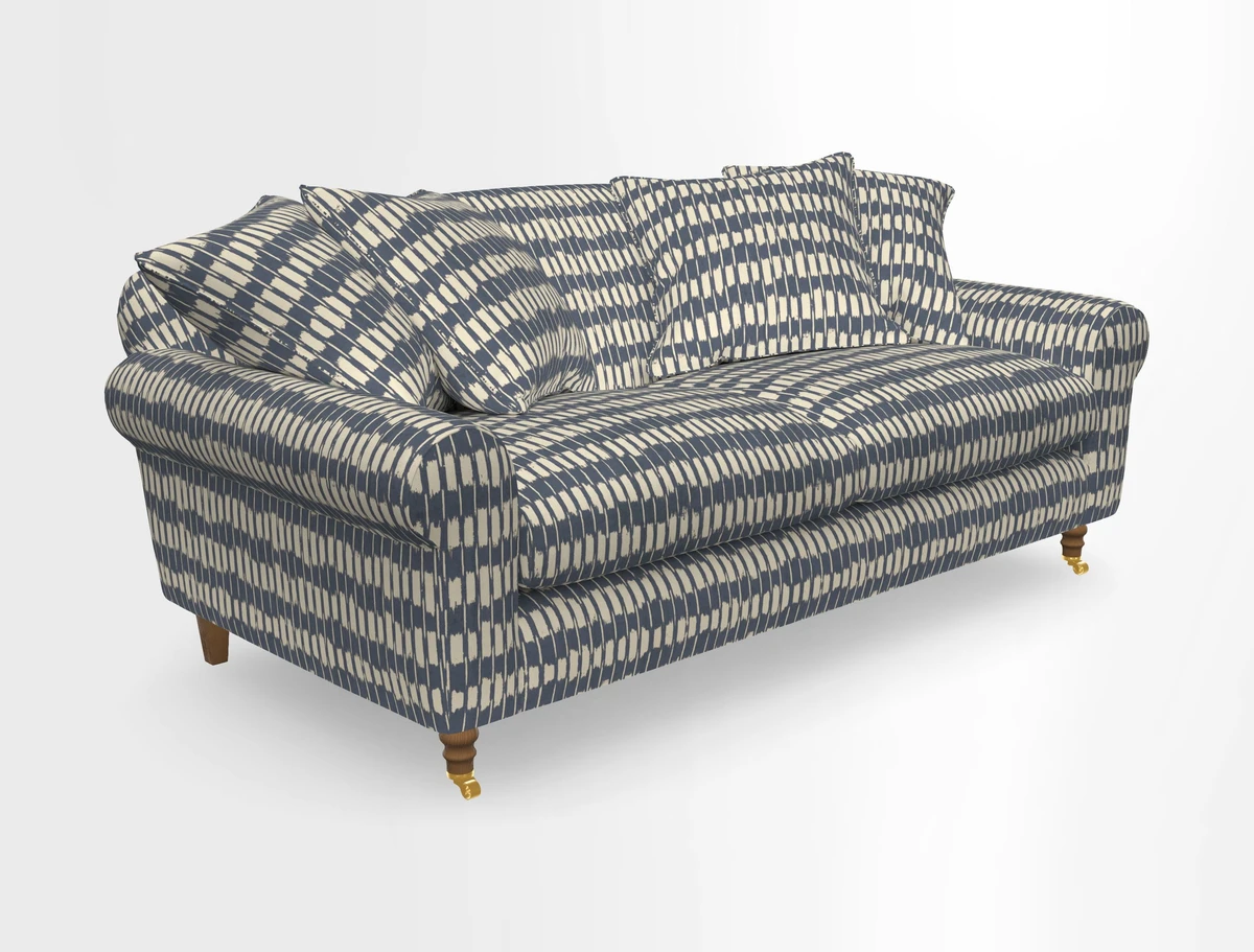 Walberswick 3 Seater Sofa in Etta's Bouquet Sunset Moss with scatters in Sussex Stripe Brick and Snape Chair in Almost Plain Velvet Spring