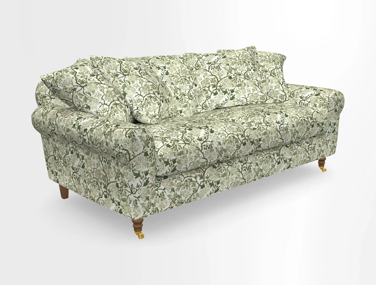 Walberswick 3 Seater Sofa in Etta's Bouquet Sunset Moss with scatters in Sussex Stripe Brick and Snape Chair in Almost Plain Velvet Spring