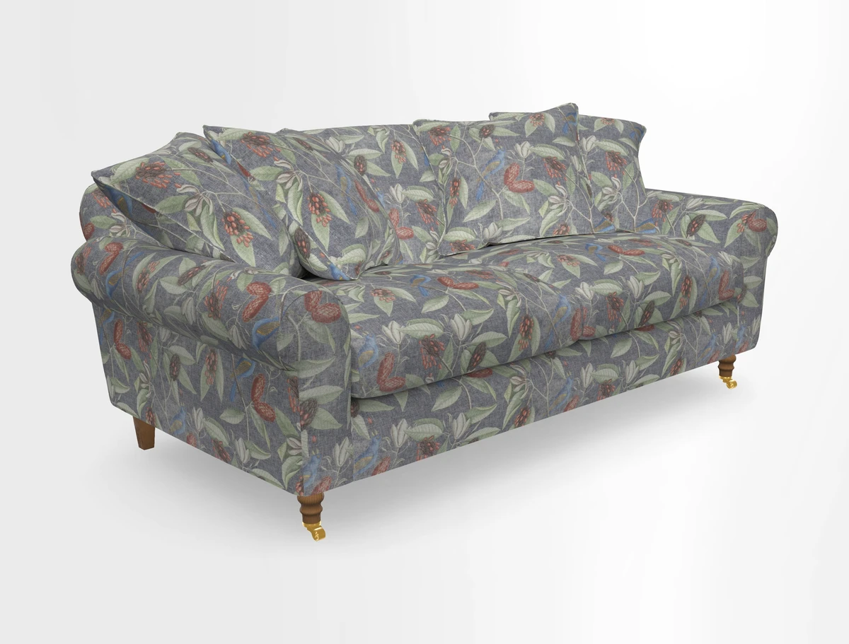 Walberswick 3 Seater Sofa in Etta's Bouquet Sunset Moss with scatters in Sussex Stripe Brick and Snape Chair in Almost Plain Velvet Spring