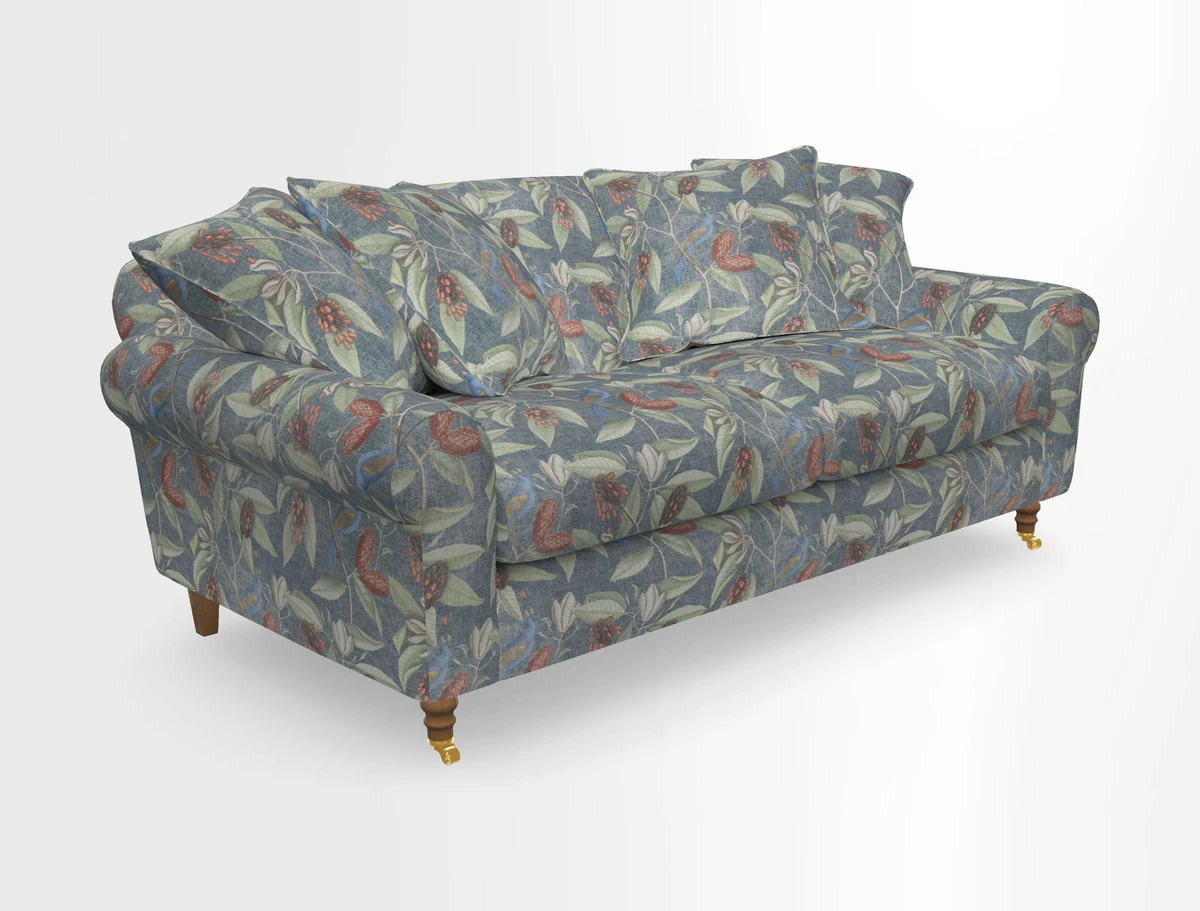 Walberswick 3 Seater Sofa in Etta's Bouquet Sunset Moss with scatters in Sussex Stripe Brick and Snape Chair in Almost Plain Velvet Spring