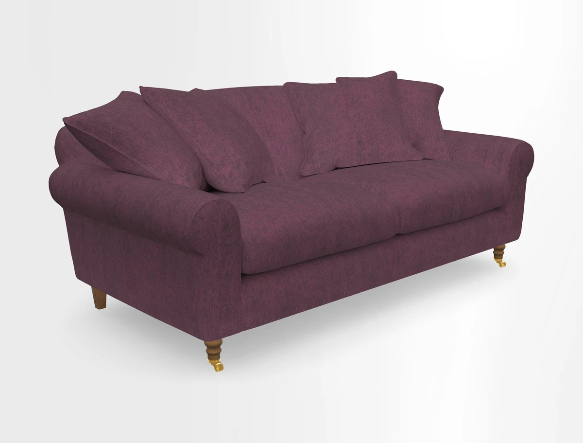 Walberswick 3 Seater Sofa in Etta's Bouquet Sunset Moss with scatters in Sussex Stripe Brick and Snape Chair in Almost Plain Velvet Spring
