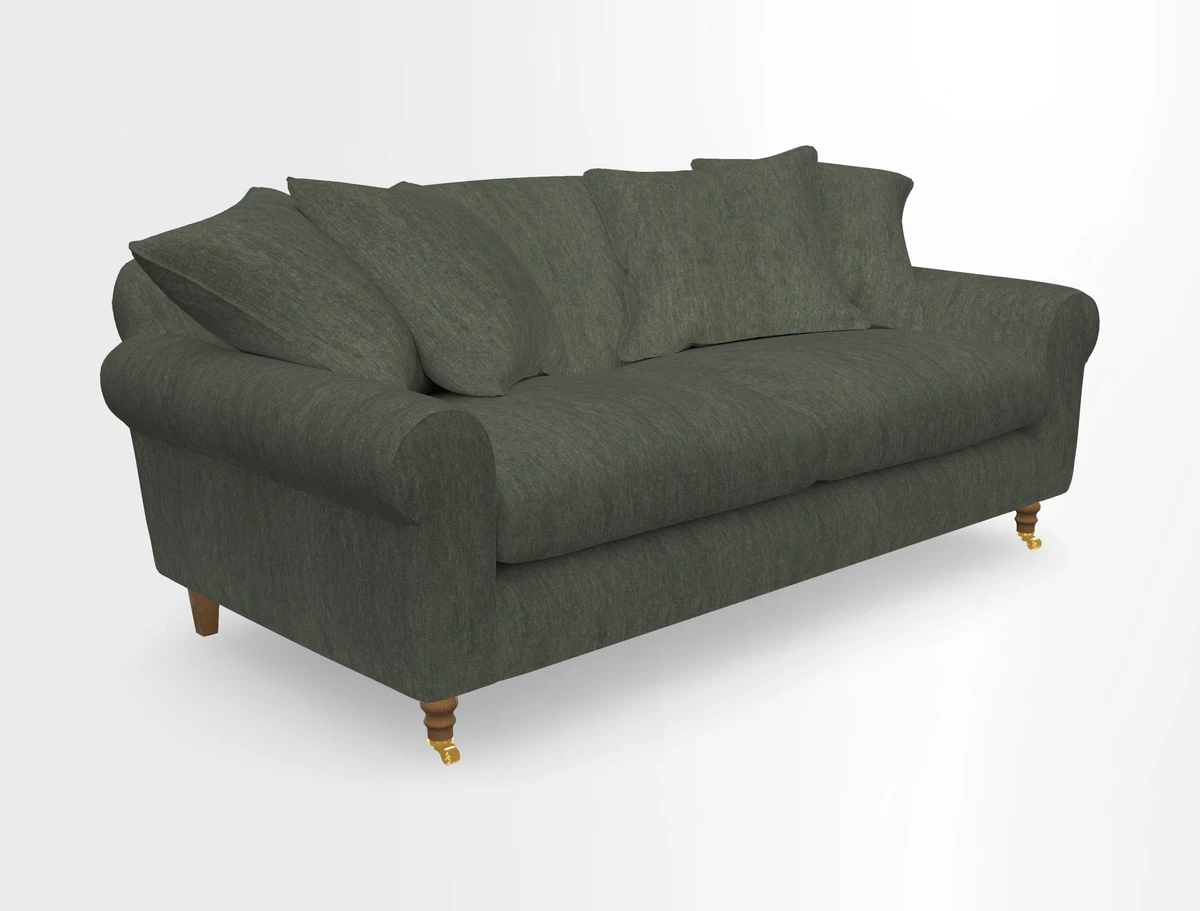 Walberswick 3 Seater Sofa in Etta's Bouquet Sunset Moss with scatters in Sussex Stripe Brick and Snape Chair in Almost Plain Velvet Spring