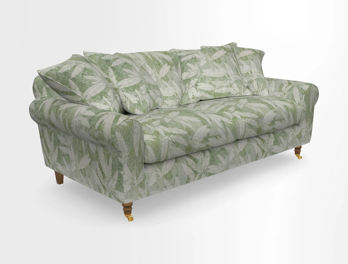 Walberswick 3 Seater Sofa in Etta's Bouquet Sunset Moss with scatters in Sussex Stripe Brick and Snape Chair in Almost Plain Velvet Spring