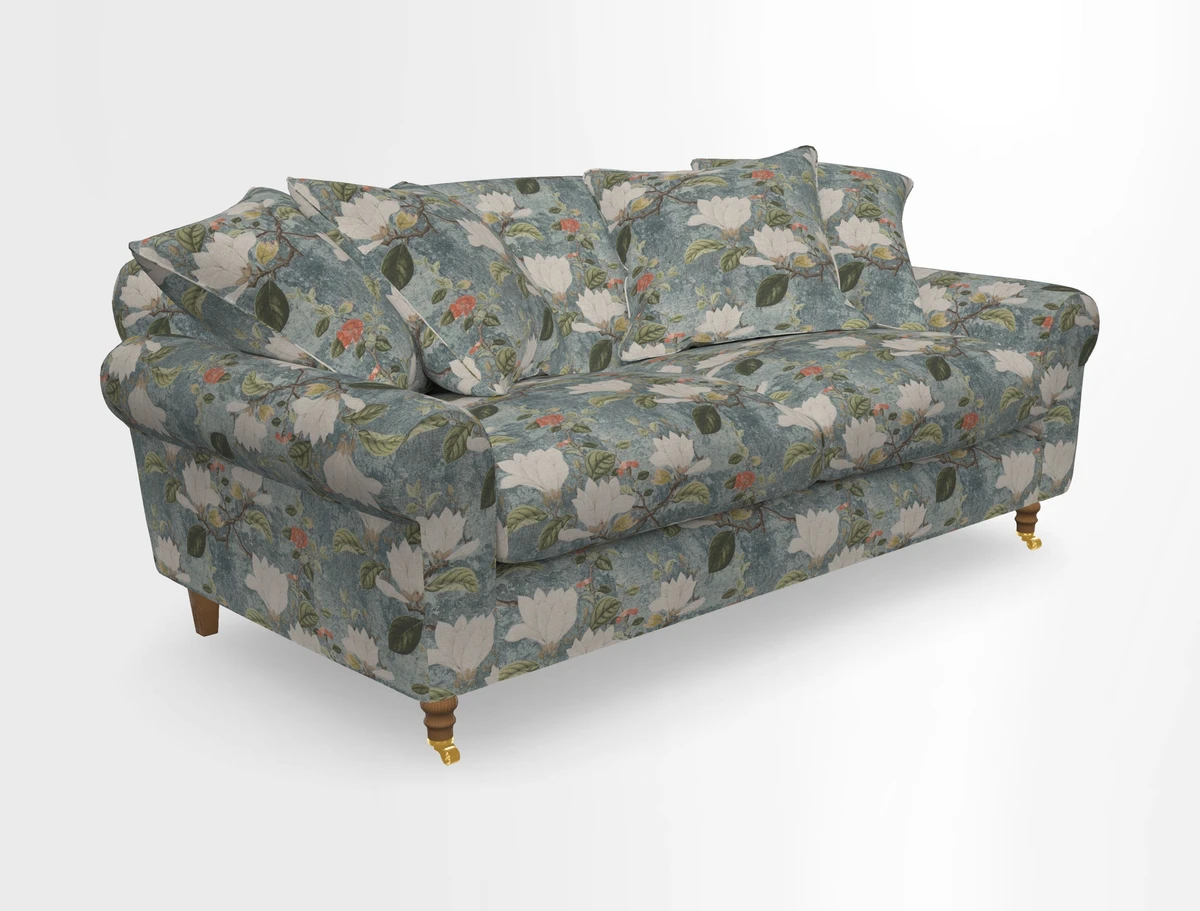 Walberswick 3 Seater Sofa in Etta's Bouquet Sunset Moss with scatters in Sussex Stripe Brick and Snape Chair in Almost Plain Velvet Spring