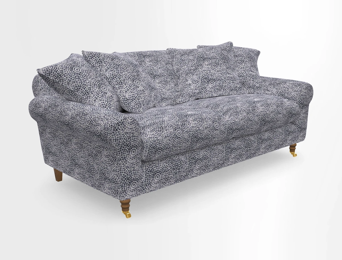 Walberswick 3 Seater Sofa in Etta's Bouquet Sunset Moss with scatters in Sussex Stripe Brick and Snape Chair in Almost Plain Velvet Spring