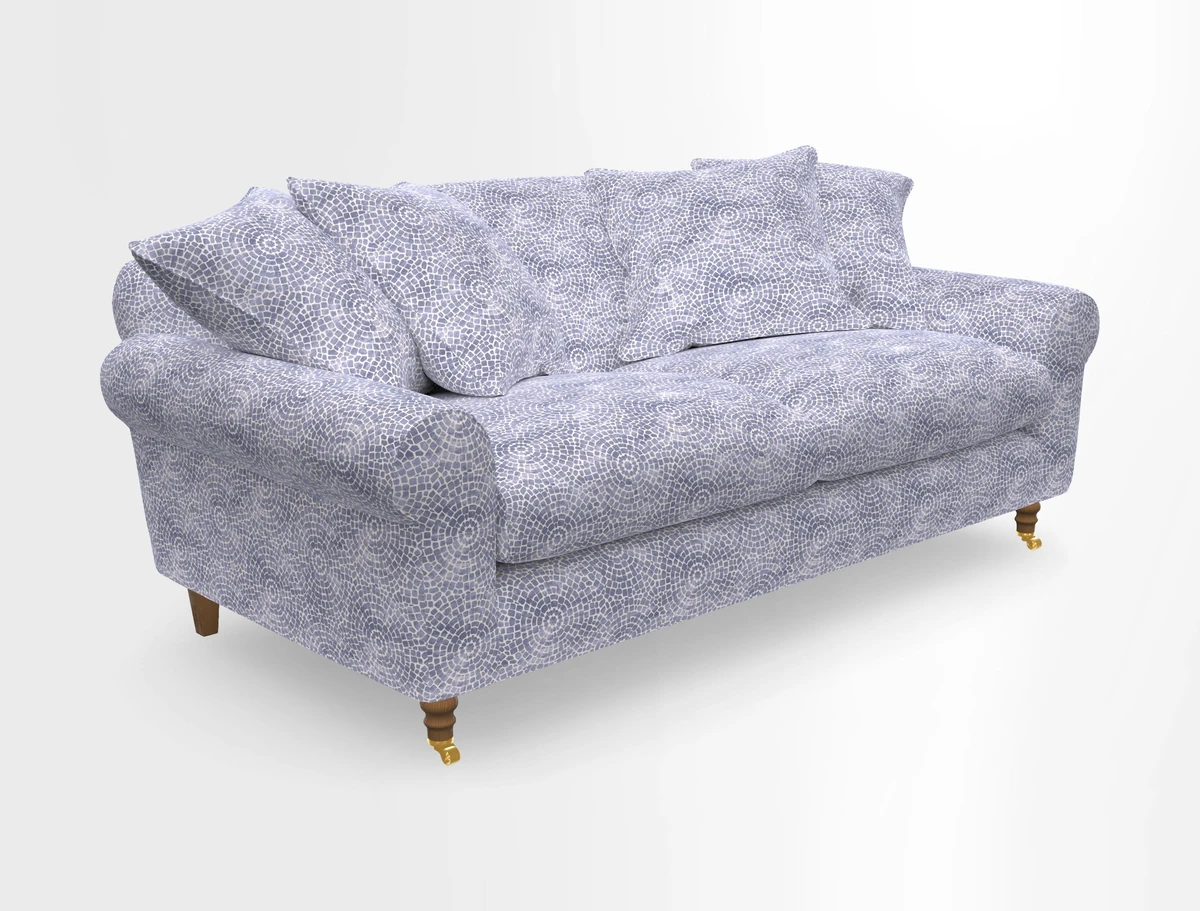Walberswick 3 Seater Sofa in Etta's Bouquet Sunset Moss with scatters in Sussex Stripe Brick and Snape Chair in Almost Plain Velvet Spring