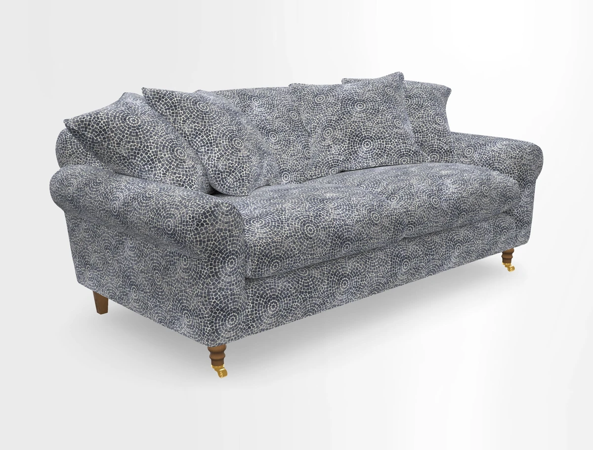 Walberswick 3 Seater Sofa in Etta's Bouquet Sunset Moss with scatters in Sussex Stripe Brick and Snape Chair in Almost Plain Velvet Spring
