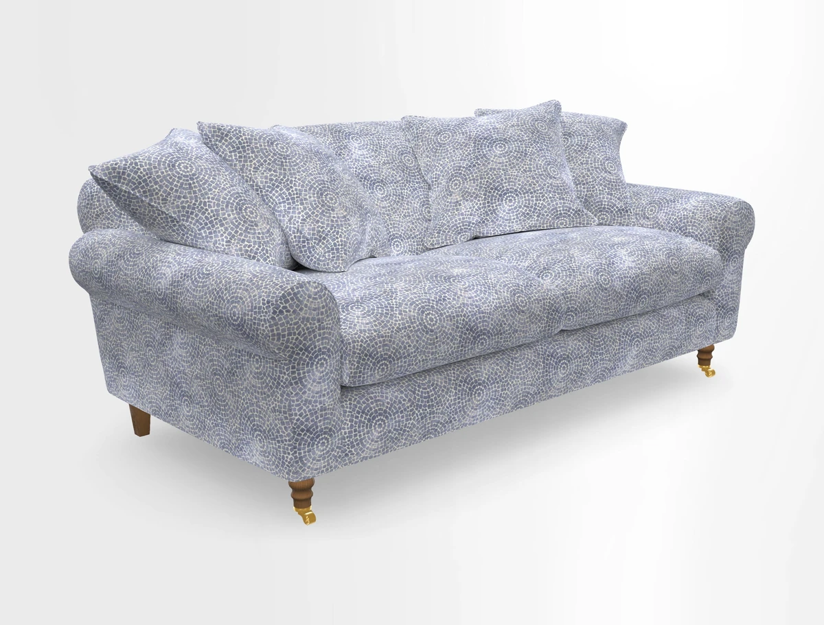 Walberswick 3 Seater Sofa in Etta's Bouquet Sunset Moss with scatters in Sussex Stripe Brick and Snape Chair in Almost Plain Velvet Spring