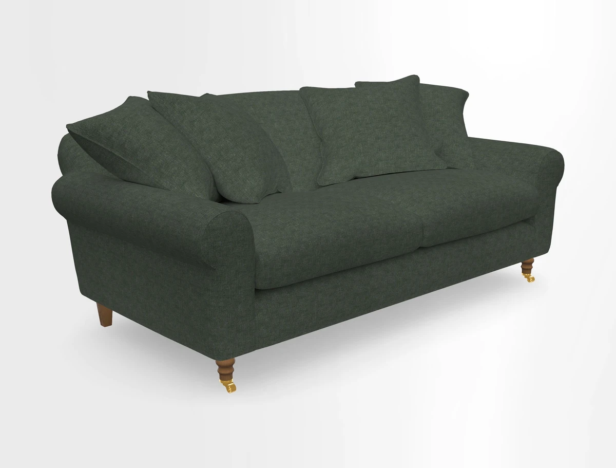 Walberswick 3 Seater Sofa in Etta's Bouquet Sunset Moss with scatters in Sussex Stripe Brick and Snape Chair in Almost Plain Velvet Spring