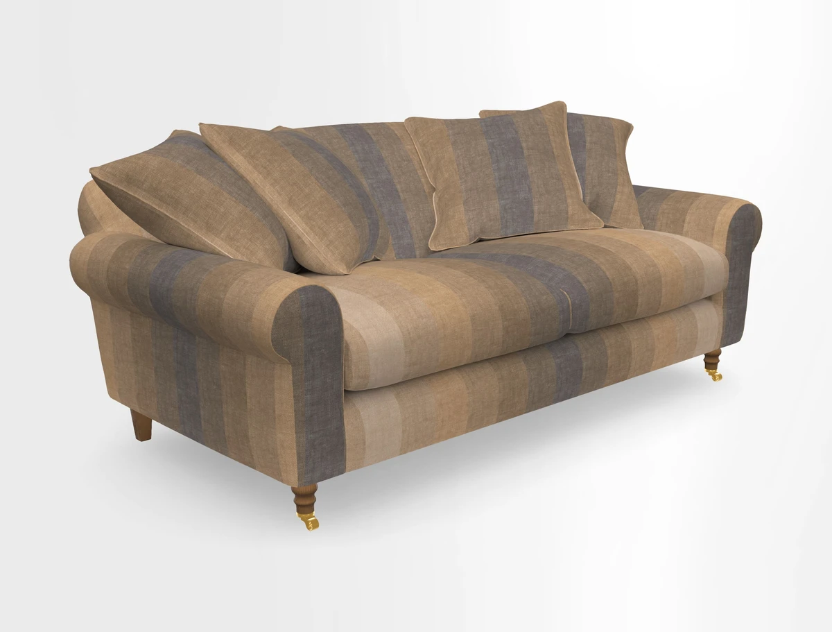 Walberswick 3 Seater Sofa in Etta's Bouquet Sunset Moss with scatters in Sussex Stripe Brick and Snape Chair in Almost Plain Velvet Spring