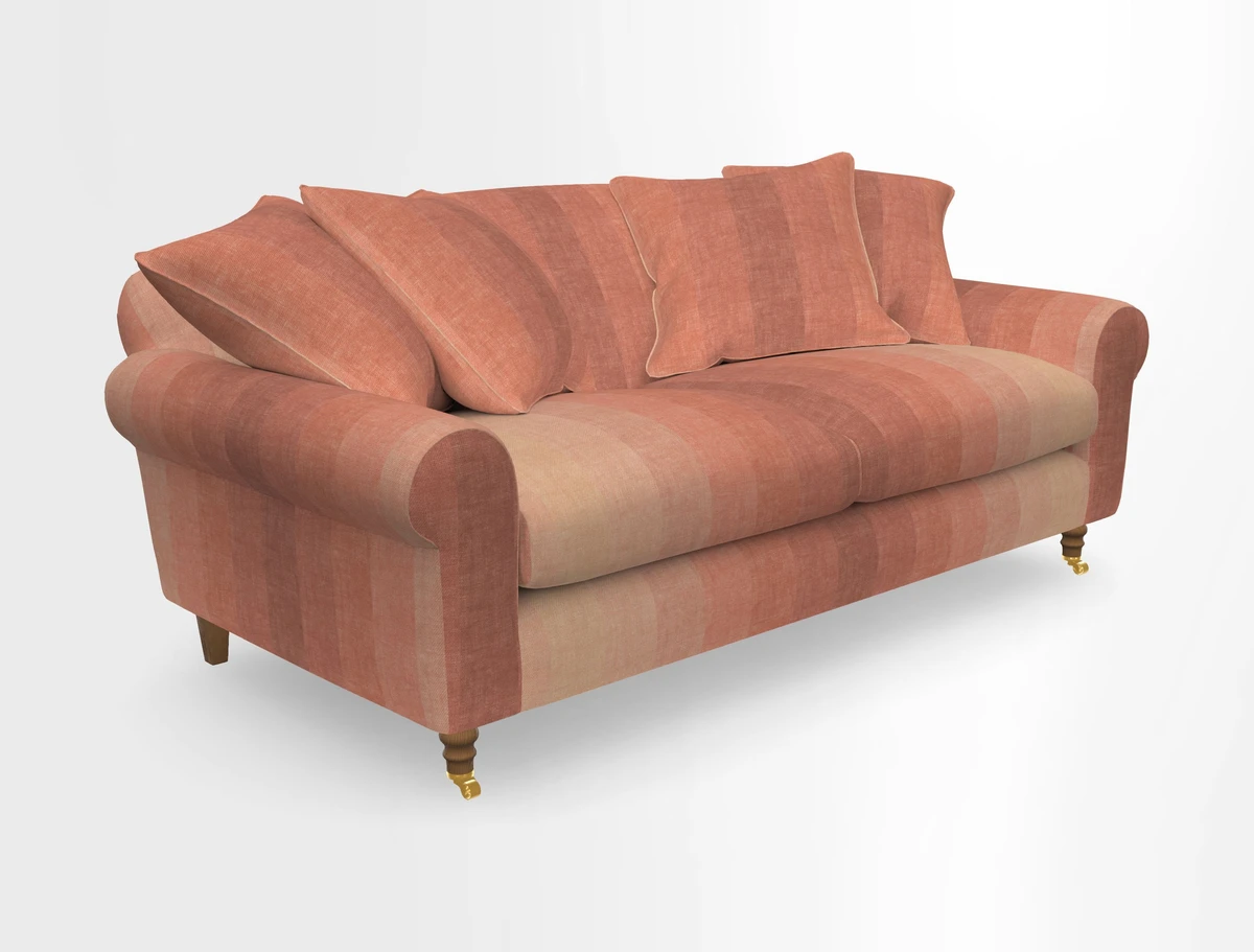 Walberswick 3 Seater Sofa in Etta's Bouquet Sunset Moss with scatters in Sussex Stripe Brick and Snape Chair in Almost Plain Velvet Spring