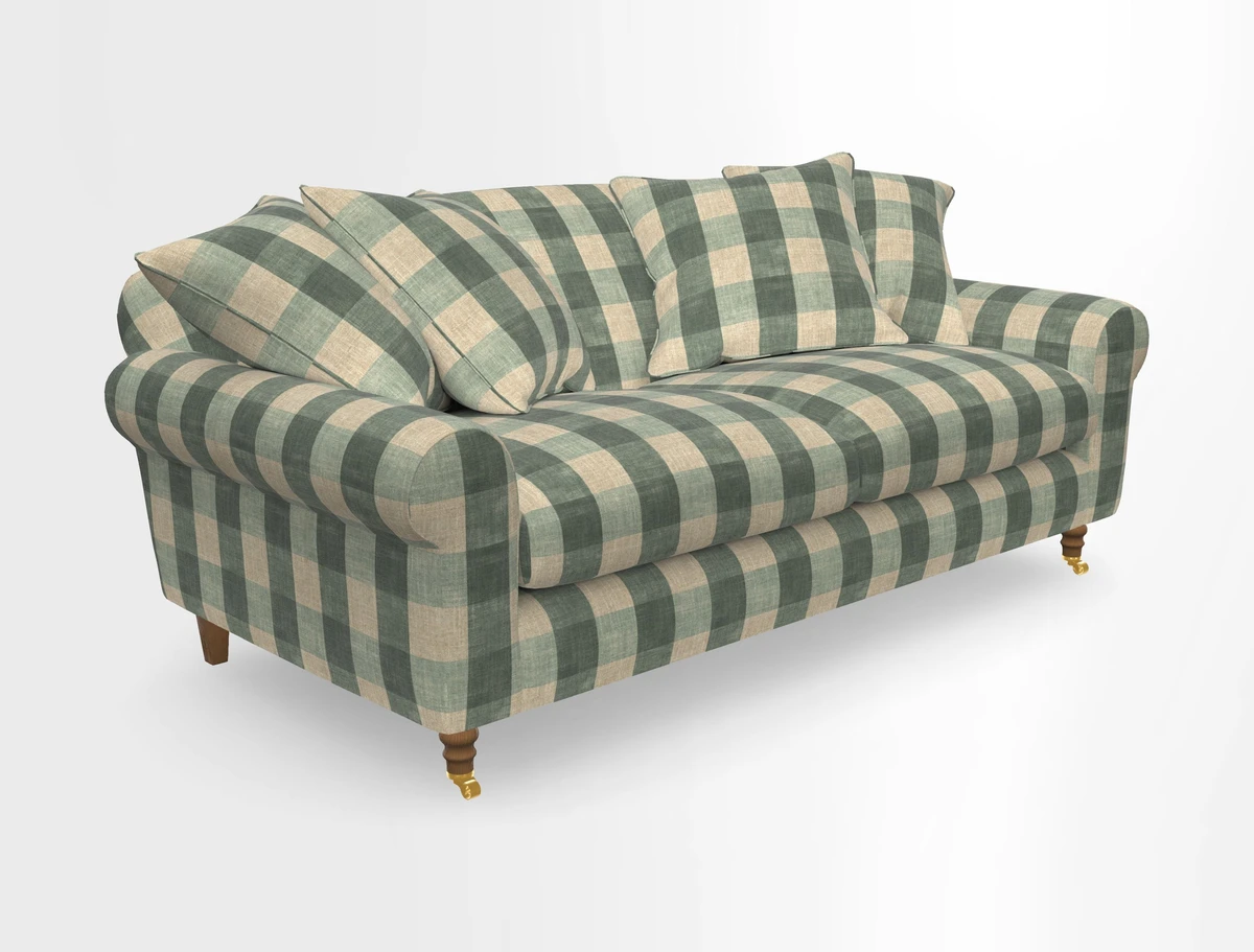 Walberswick 3 Seater Sofa in Etta's Bouquet Sunset Moss with scatters in Sussex Stripe Brick and Snape Chair in Almost Plain Velvet Spring