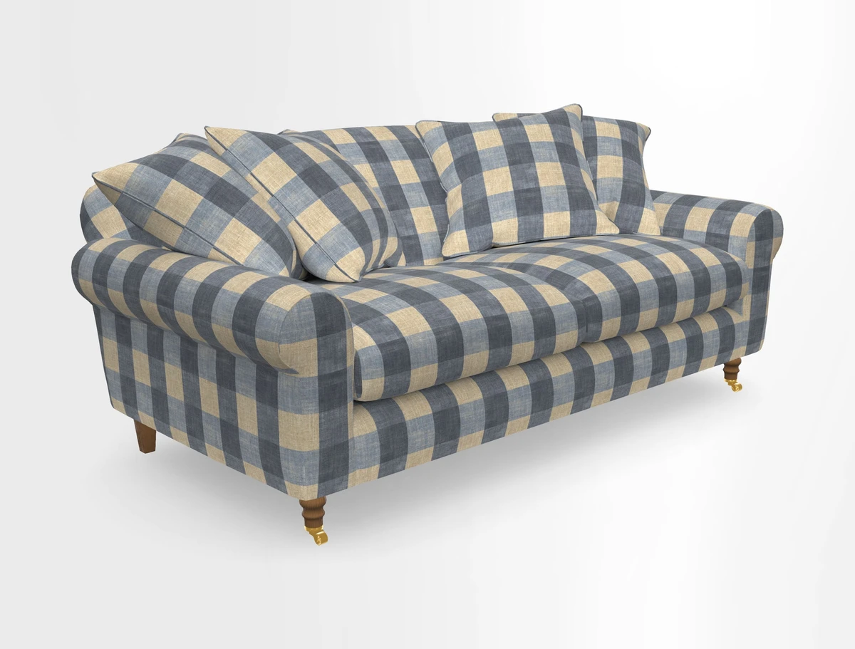 Walberswick 3 Seater Sofa in Etta's Bouquet Sunset Moss with scatters in Sussex Stripe Brick and Snape Chair in Almost Plain Velvet Spring