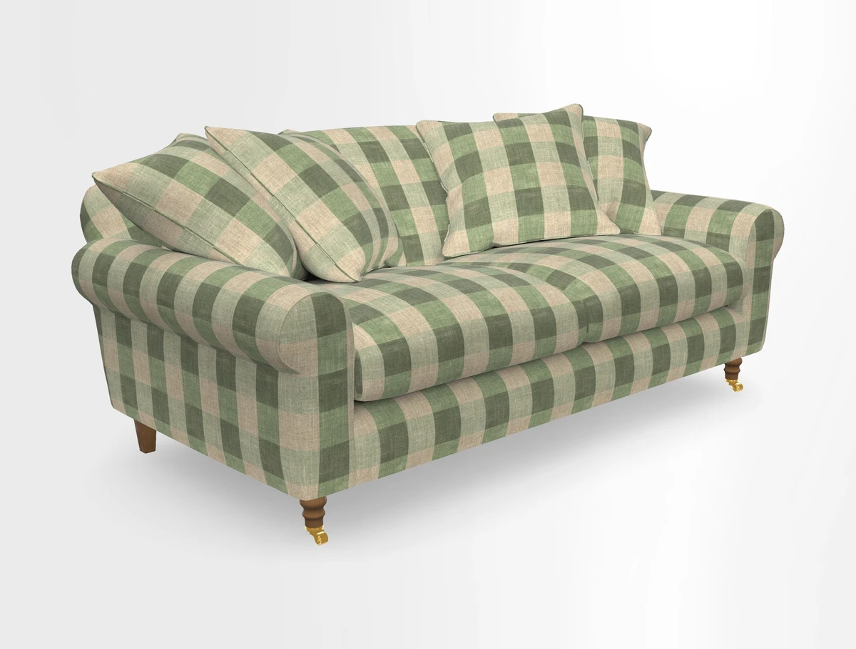 Walberswick 3 Seater Sofa in Etta's Bouquet Sunset Moss with scatters in Sussex Stripe Brick and Snape Chair in Almost Plain Velvet Spring