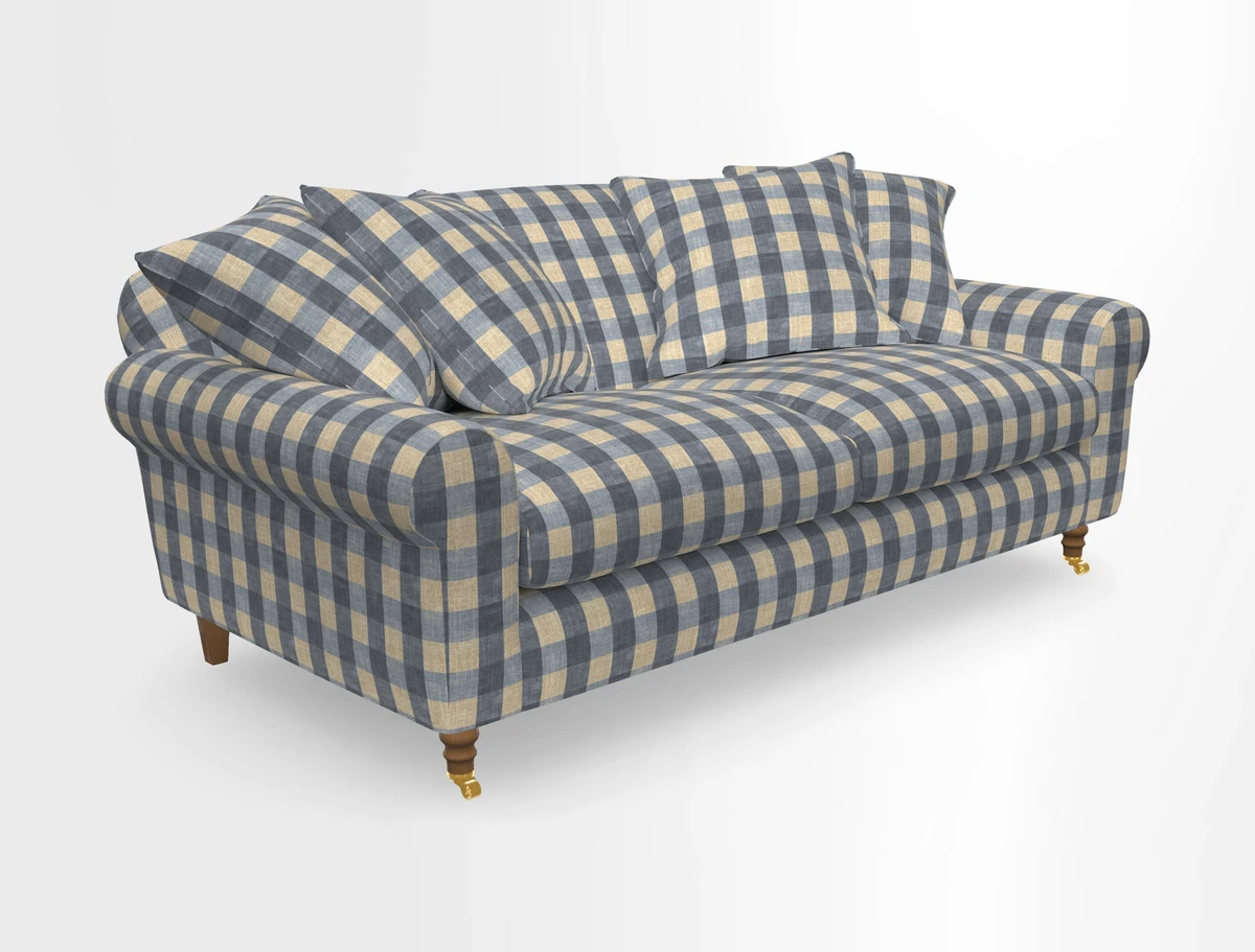 Walberswick 3 Seater Sofa in Etta's Bouquet Sunset Moss with scatters in Sussex Stripe Brick and Snape Chair in Almost Plain Velvet Spring