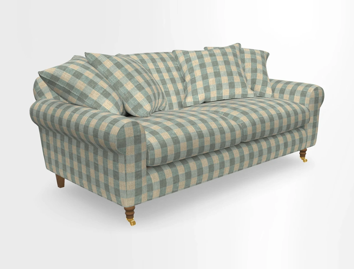 Walberswick 3 Seater Sofa in Etta's Bouquet Sunset Moss with scatters in Sussex Stripe Brick and Snape Chair in Almost Plain Velvet Spring