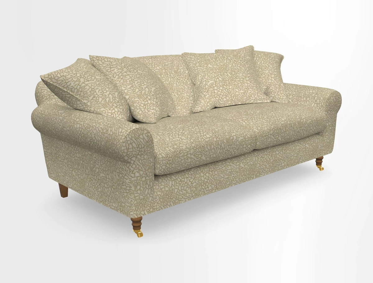Walberswick 3 Seater Sofa in Etta's Bouquet Sunset Moss with scatters in Sussex Stripe Brick and Snape Chair in Almost Plain Velvet Spring