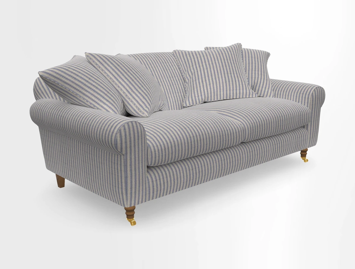 Walberswick 3 Seater Sofa in Etta's Bouquet Sunset Moss with scatters in Sussex Stripe Brick and Snape Chair in Almost Plain Velvet Spring