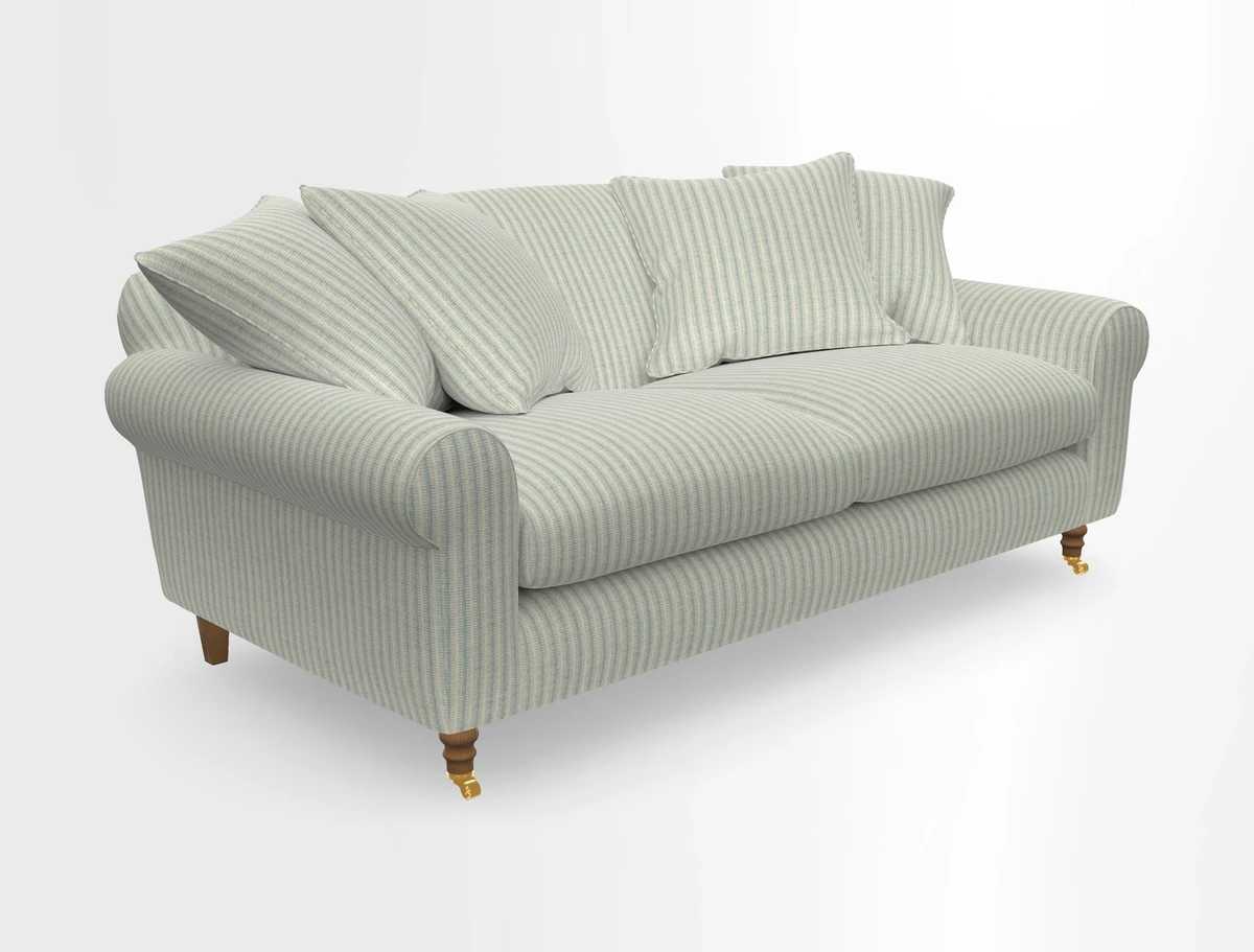 Walberswick 3 Seater Sofa in Etta's Bouquet Sunset Moss with scatters in Sussex Stripe Brick and Snape Chair in Almost Plain Velvet Spring