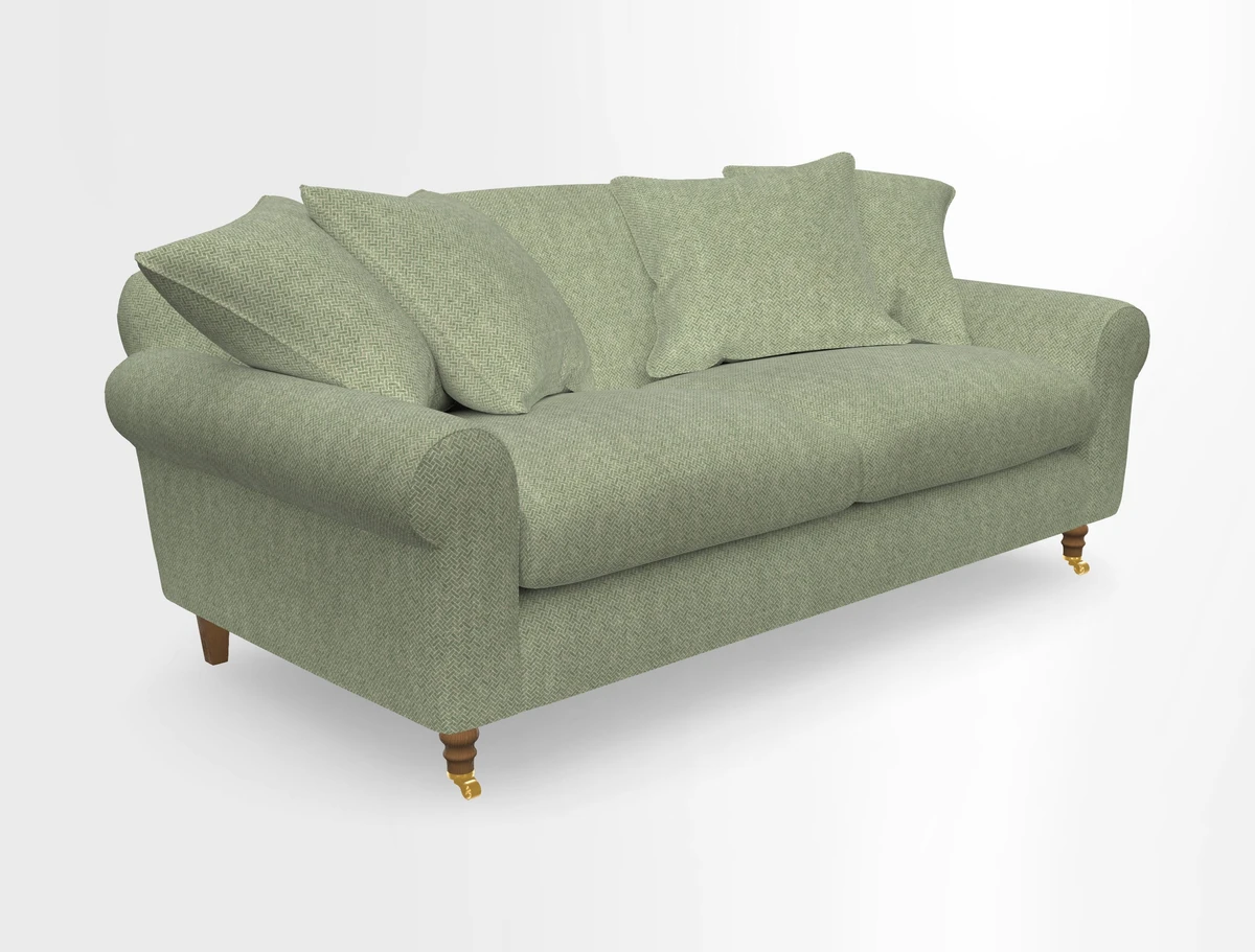 Walberswick 3 Seater Sofa in Etta's Bouquet Sunset Moss with scatters in Sussex Stripe Brick and Snape Chair in Almost Plain Velvet Spring