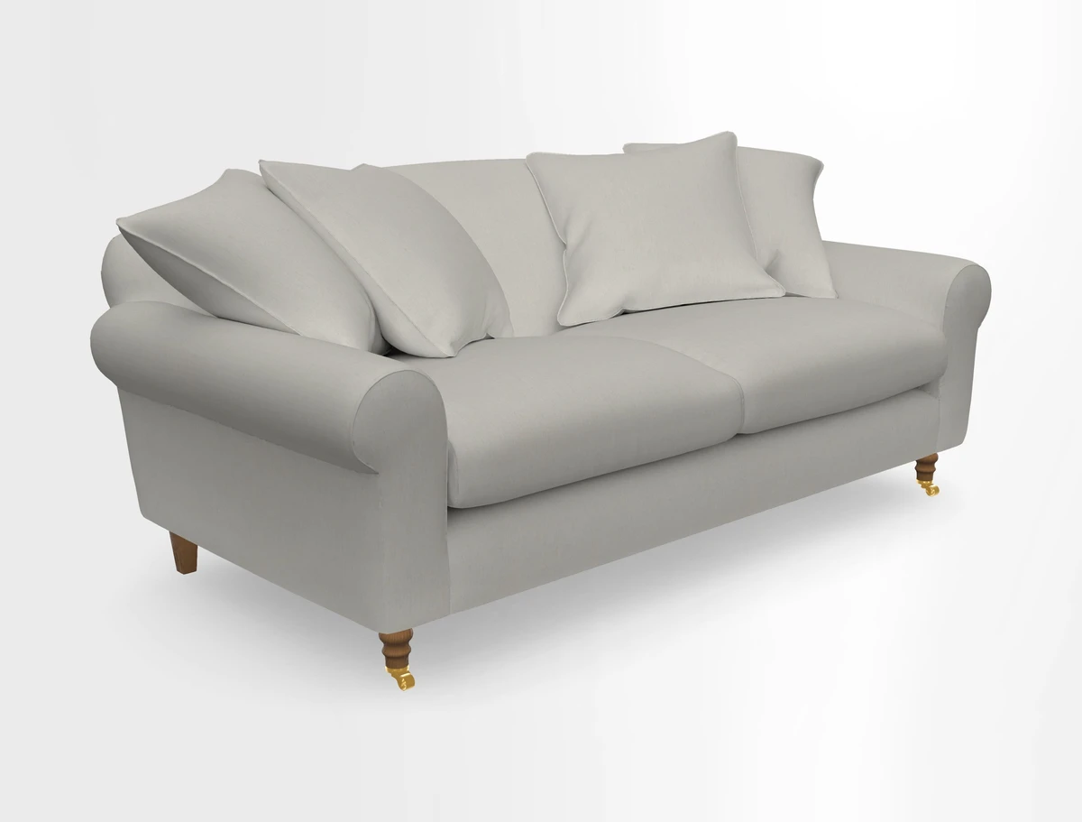 Walberswick 3 Seater Sofa in Etta's Bouquet Sunset Moss with scatters in Sussex Stripe Brick and Snape Chair in Almost Plain Velvet Spring