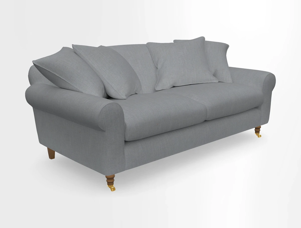 Walberswick 3 Seater Sofa in Etta's Bouquet Sunset Moss with scatters in Sussex Stripe Brick and Snape Chair in Almost Plain Velvet Spring