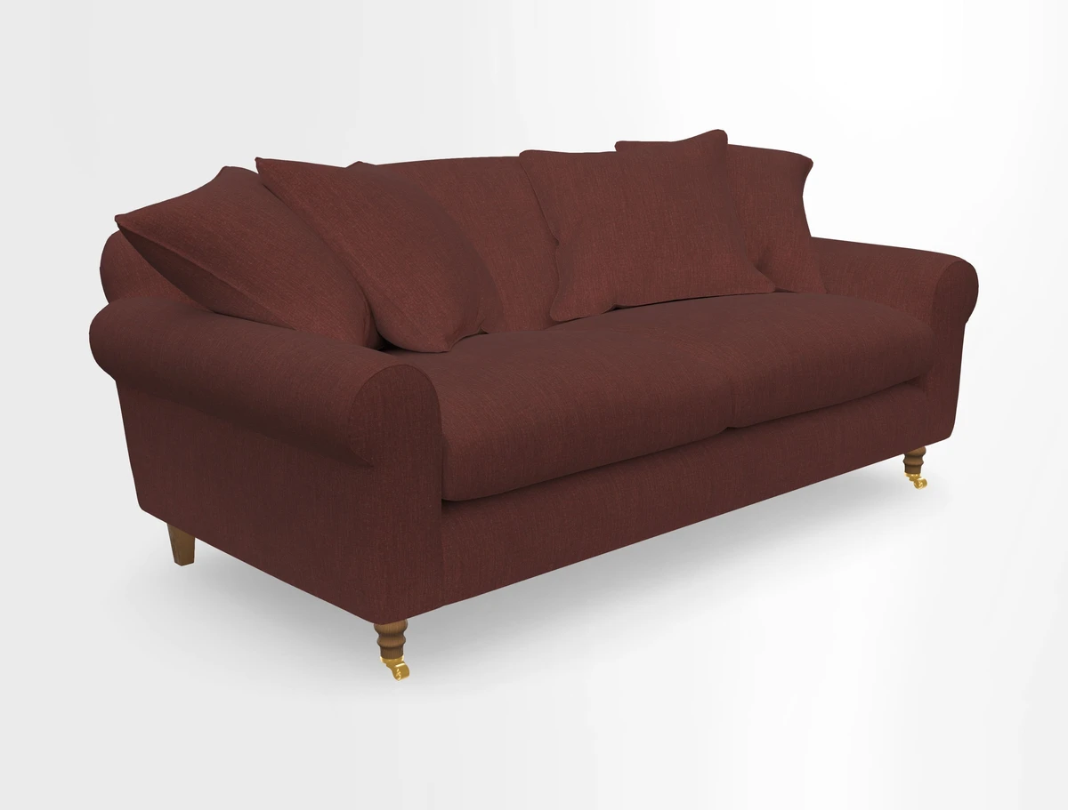 Walberswick 3 Seater Sofa in Etta's Bouquet Sunset Moss with scatters in Sussex Stripe Brick and Snape Chair in Almost Plain Velvet Spring