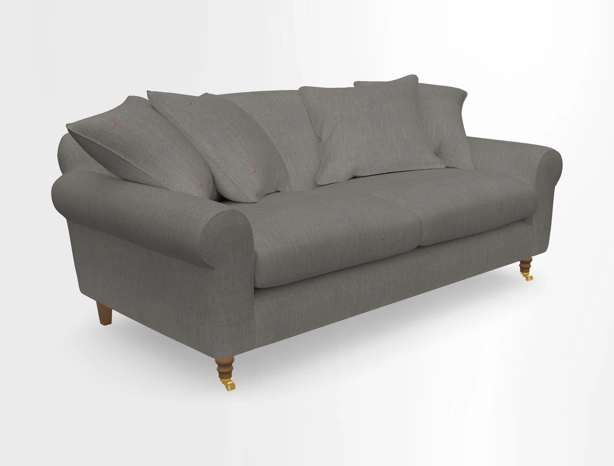 Walberswick 3 Seater Sofa in Etta's Bouquet Sunset Moss with scatters in Sussex Stripe Brick and Snape Chair in Almost Plain Velvet Spring