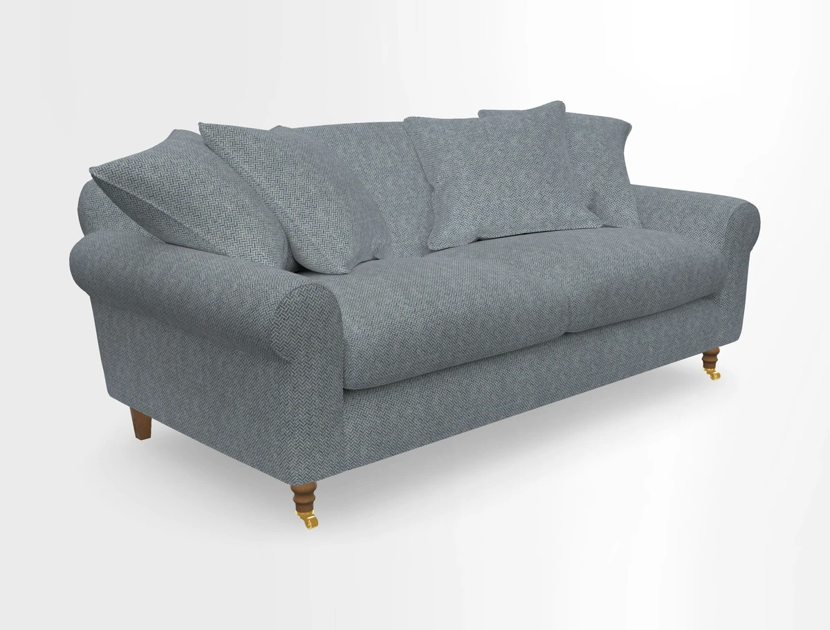 Walberswick 3 Seater Sofa in Etta's Bouquet Sunset Moss with scatters in Sussex Stripe Brick and Snape Chair in Almost Plain Velvet Spring