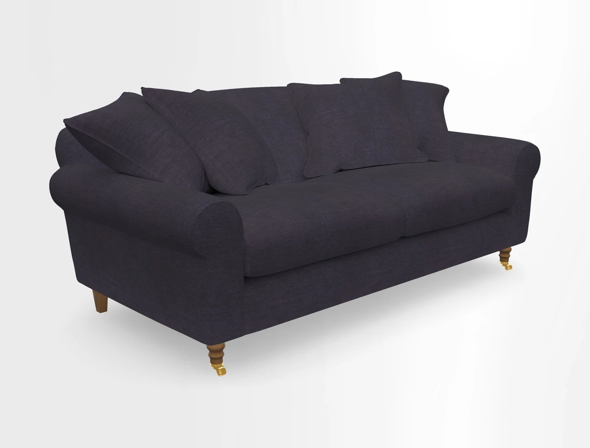 Walberswick 3 Seater Sofa in Etta's Bouquet Sunset Moss with scatters in Sussex Stripe Brick and Snape Chair in Almost Plain Velvet Spring