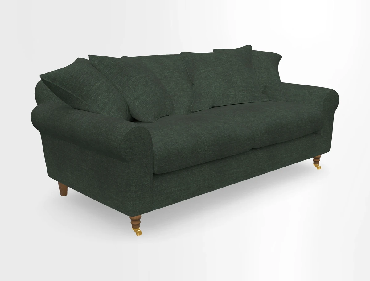Walberswick 3 Seater Sofa in Etta's Bouquet Sunset Moss with scatters in Sussex Stripe Brick and Snape Chair in Almost Plain Velvet Spring