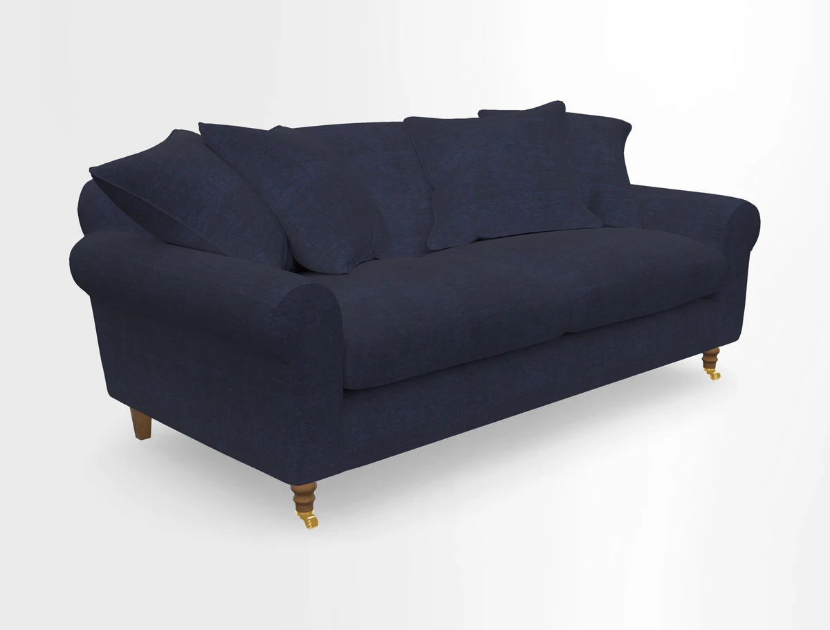 Walberswick 3 Seater Sofa in Etta's Bouquet Sunset Moss with scatters in Sussex Stripe Brick and Snape Chair in Almost Plain Velvet Spring