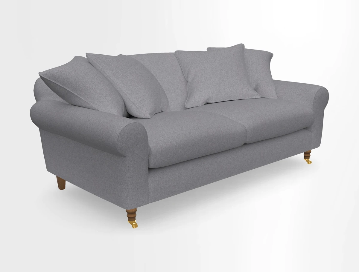 Walberswick 3 Seater Sofa in Etta's Bouquet Sunset Moss with scatters in Sussex Stripe Brick and Snape Chair in Almost Plain Velvet Spring