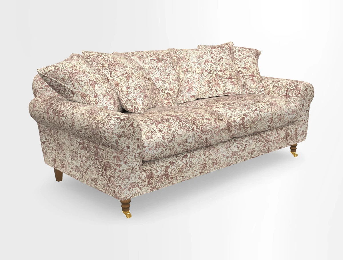 Walberswick 3 Seater Sofa in Etta's Bouquet Sunset Moss with scatters in Sussex Stripe Brick and Snape Chair in Almost Plain Velvet Spring
