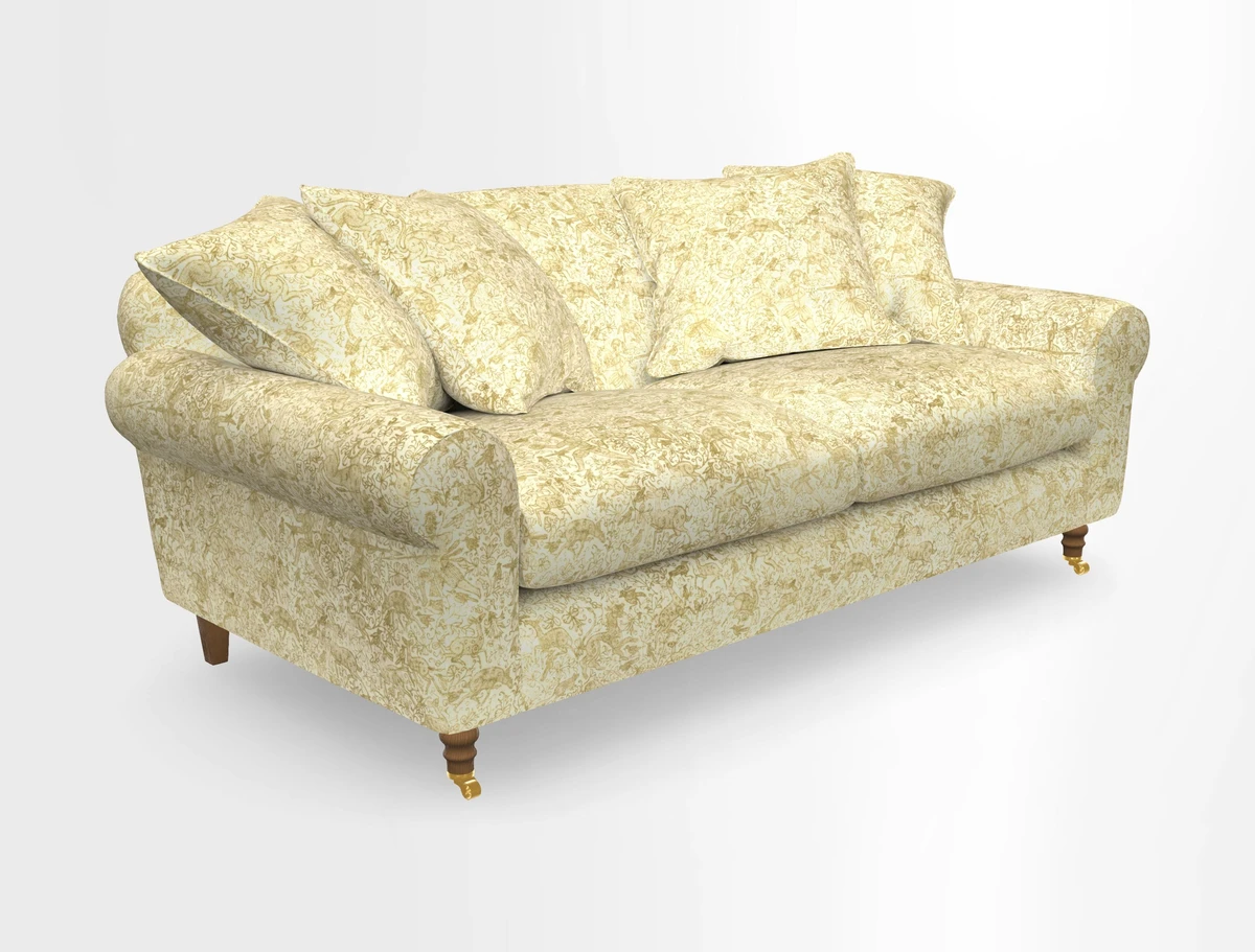 Walberswick 3 Seater Sofa in Etta's Bouquet Sunset Moss with scatters in Sussex Stripe Brick and Snape Chair in Almost Plain Velvet Spring