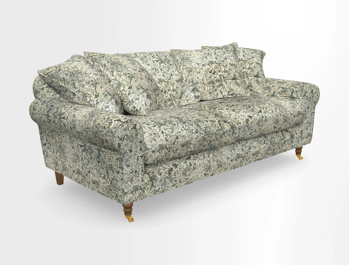 Walberswick 3 Seater Sofa in Etta's Bouquet Sunset Moss with scatters in Sussex Stripe Brick and Snape Chair in Almost Plain Velvet Spring