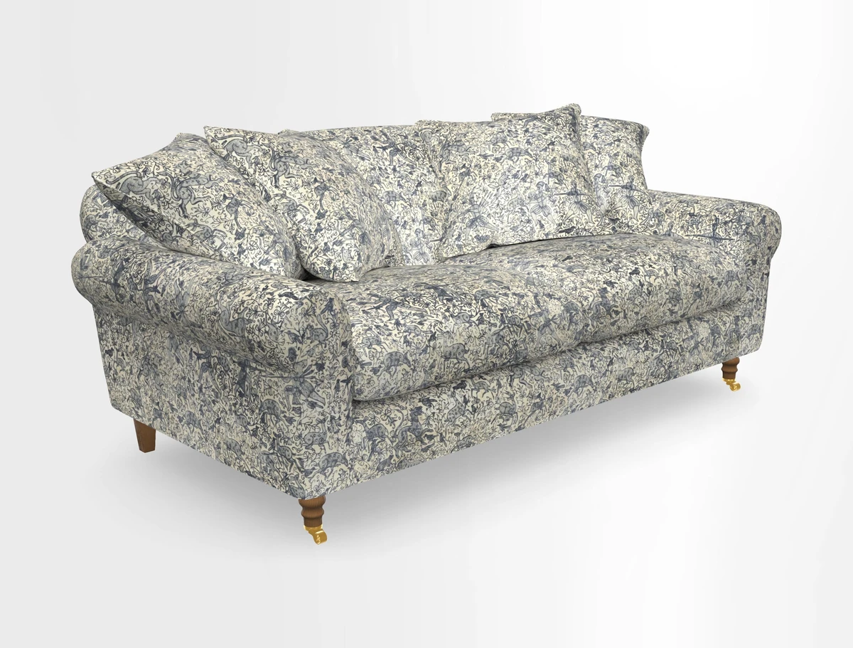 Walberswick 3 Seater Sofa in Etta's Bouquet Sunset Moss with scatters in Sussex Stripe Brick and Snape Chair in Almost Plain Velvet Spring