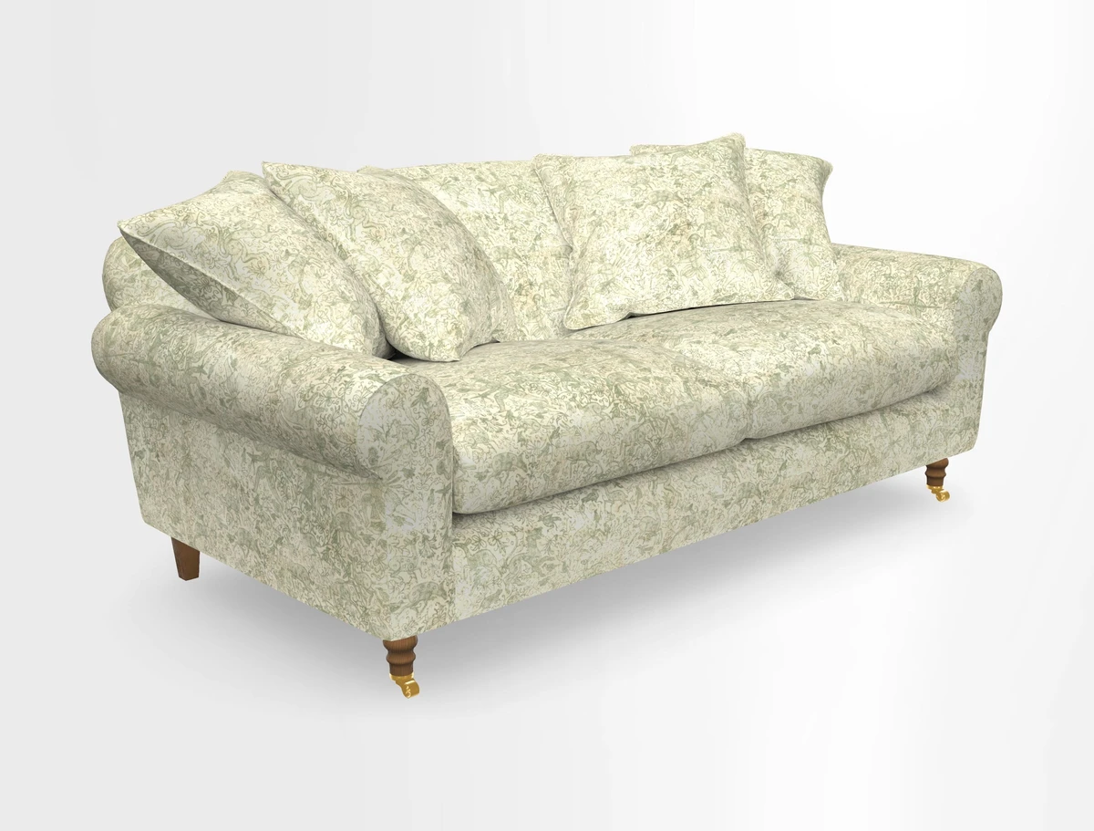 Walberswick 3 Seater Sofa in Etta's Bouquet Sunset Moss with scatters in Sussex Stripe Brick and Snape Chair in Almost Plain Velvet Spring