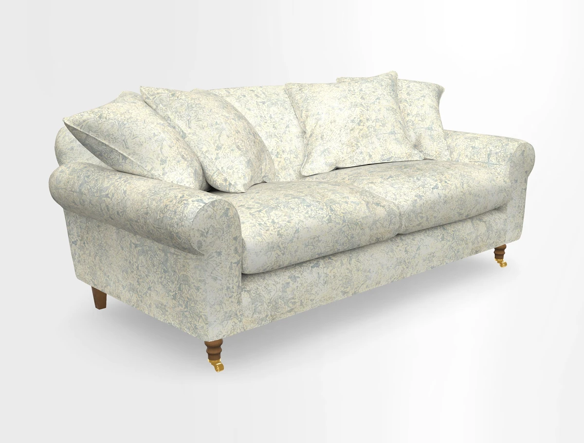 Walberswick 3 Seater Sofa in Etta's Bouquet Sunset Moss with scatters in Sussex Stripe Brick and Snape Chair in Almost Plain Velvet Spring
