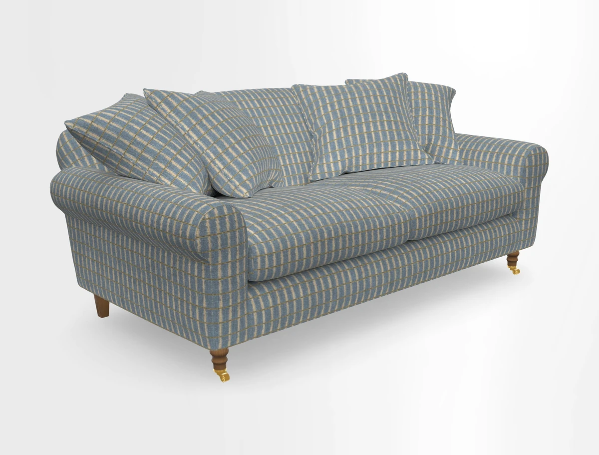 Walberswick 3 Seater Sofa in Etta's Bouquet Sunset Moss with scatters in Sussex Stripe Brick and Snape Chair in Almost Plain Velvet Spring