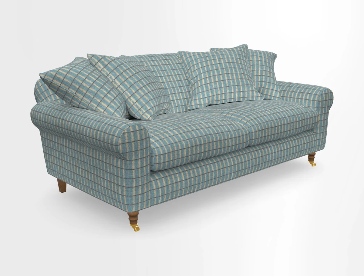 Walberswick 3 Seater Sofa in Etta's Bouquet Sunset Moss with scatters in Sussex Stripe Brick and Snape Chair in Almost Plain Velvet Spring