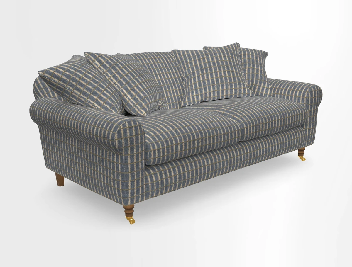 Walberswick 3 Seater Sofa in Etta's Bouquet Sunset Moss with scatters in Sussex Stripe Brick and Snape Chair in Almost Plain Velvet Spring