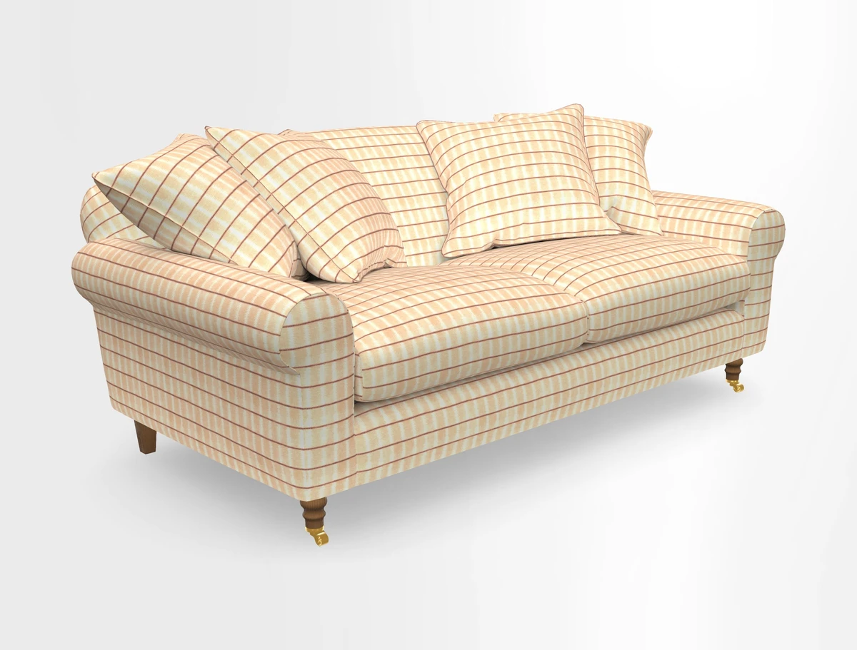 Walberswick 3 Seater Sofa in Etta's Bouquet Sunset Moss with scatters in Sussex Stripe Brick and Snape Chair in Almost Plain Velvet Spring