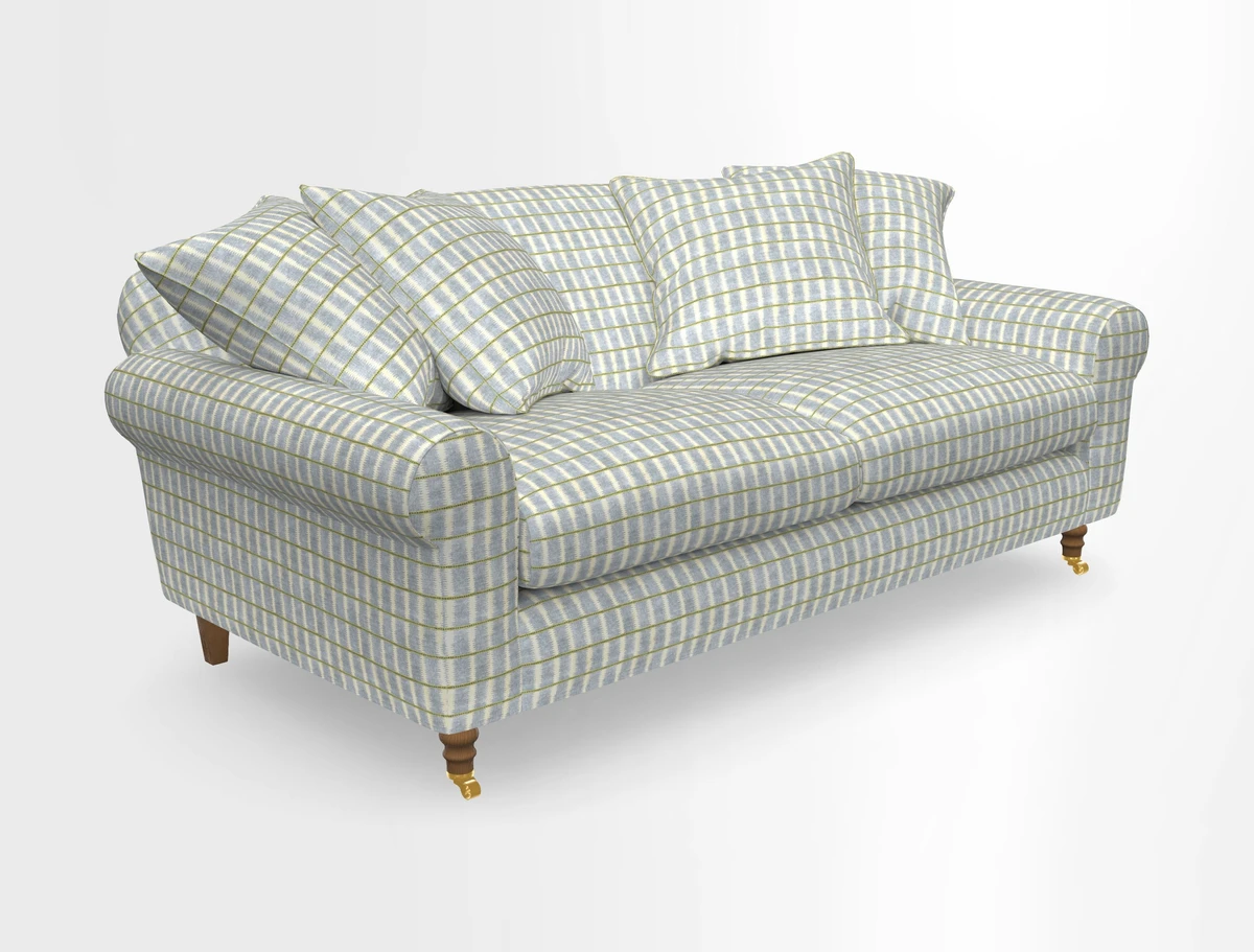 Walberswick 3 Seater Sofa in Etta's Bouquet Sunset Moss with scatters in Sussex Stripe Brick and Snape Chair in Almost Plain Velvet Spring