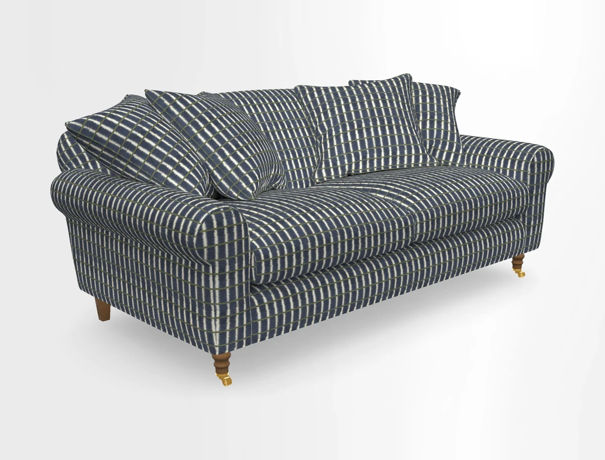 Walberswick 3 Seater Sofa in Etta's Bouquet Sunset Moss with scatters in Sussex Stripe Brick and Snape Chair in Almost Plain Velvet Spring