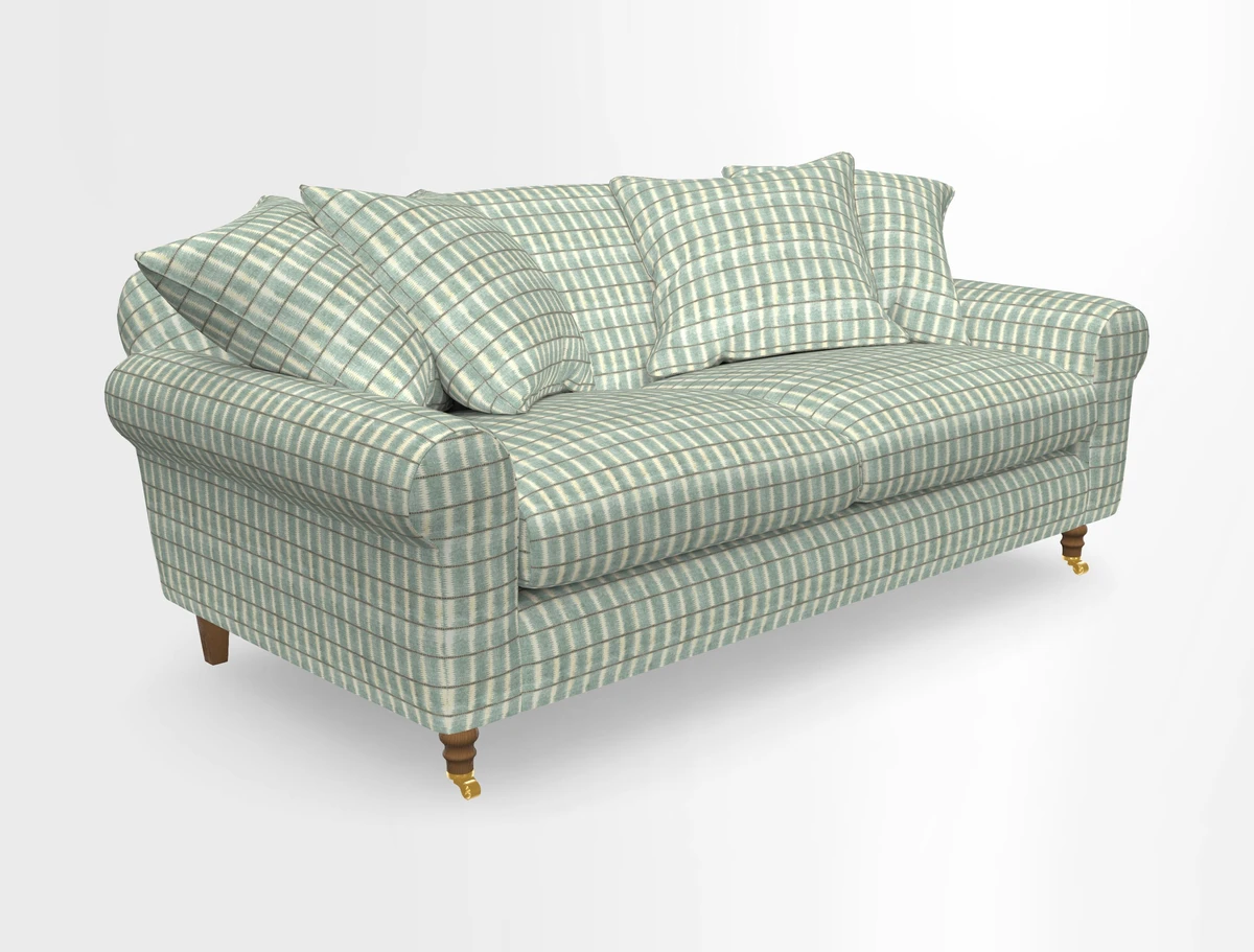 Walberswick 3 Seater Sofa in Etta's Bouquet Sunset Moss with scatters in Sussex Stripe Brick and Snape Chair in Almost Plain Velvet Spring