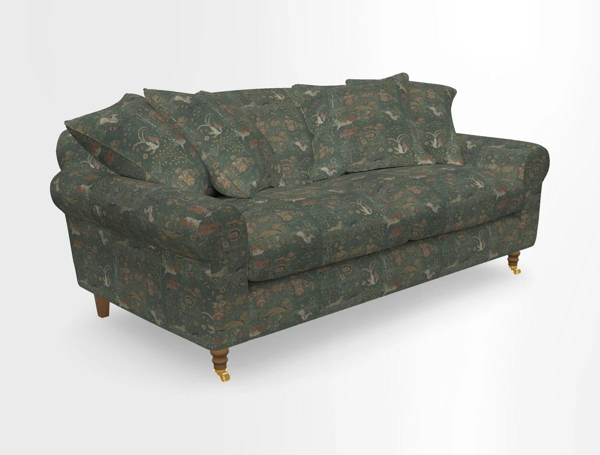 Walberswick 3 Seater Sofa in Etta's Bouquet Sunset Moss with scatters in Sussex Stripe Brick and Snape Chair in Almost Plain Velvet Spring